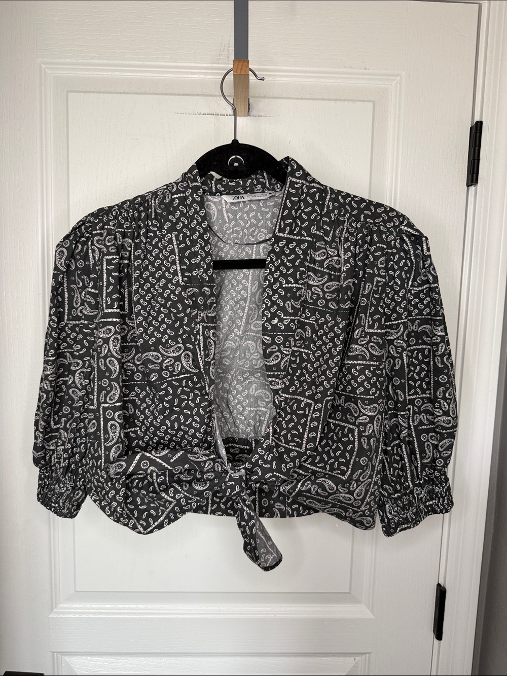 Zara Black and White Paisley Tie-Front Button Down